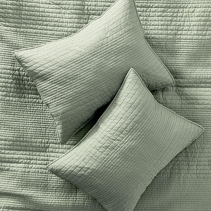 palassio Striped Sage Green 100% Cotton Quilt King Size Bedding Sets, Lightweight Crinkly Channel Pick Stitch Textured Bedspread Soft Shabby Chic Farmhouse Country Coverlet for All Season, 2 Shams