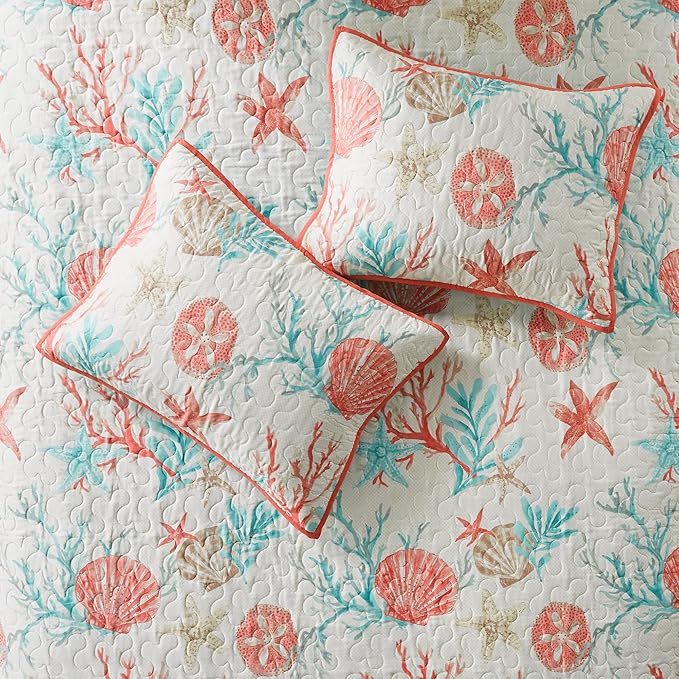 Madison Park Quilt Set Cottage Coastal Design, Starfish Print - All Season, Coverlet Bedspread Lightweight Bedding Layer, Shams, Toss Pillows, King/Cal King(104"x94"), Pebble Beach Coral 6 Piece