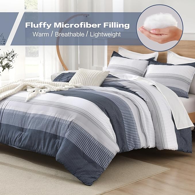 Litanika Comforter Set, Lightweight Colorblock Stripes Bedding Comforter Set, Fluffy Down Alternative Bed Set, Black Blue, California King