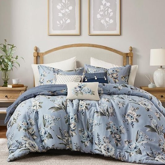 Madison Park King Comforter Set Vintage Floral Reversible Comforter, All Season, Down Alternative Bedding Comforter, Bedskirt, Pillows, Shams, Salara, King Blue 7 Piece