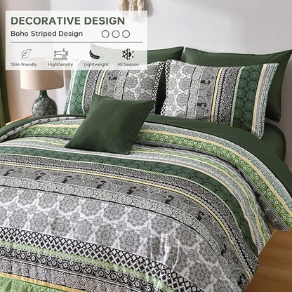Cottolester Boho Comforter Set Queen Size,8 Pieces Dark Green Bohemian Striped Bed in a Bag,Paisley Soft Microfiber Bedding Comforter Set