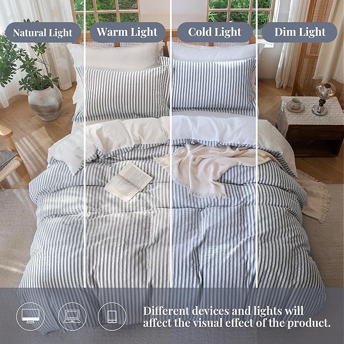 MILDLY Charcoal Striped Duvet Cover - 100% Washed Cotton Jacquard Textured Comforter Cover with Dual Zipper Closure & 8 Coner Ties