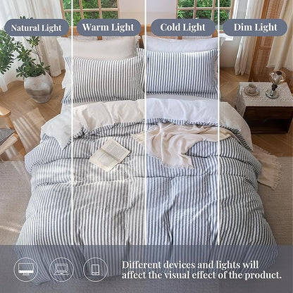 MILDLY Striped Duvet Cover Set - 100% Washed Cotton Charcoal Grey Boho Jacquard Textured Comforter Cover 3pcs with Zipper Closure 80"x90"