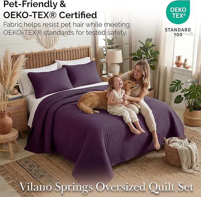 Southshore Fine Living, Inc. Oversized King Quilt Bedding Set, Soft Brushed Microfiber, Stain and Pet Hair Resistant Bedding, California/King Size Quilt Coverlet Bedspread Set w/2 Shams, Purple