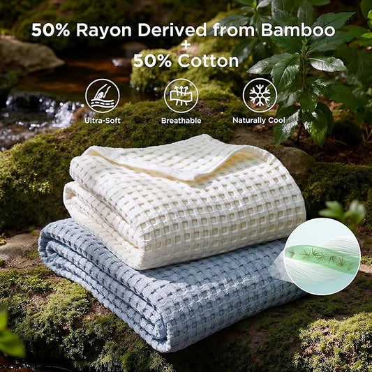 Bedsure Cooling Cotton Waffle King Size Blanket - Lightweight Breathable Summer Blanket of Rayon Derived from Bamboo for Hot Sleepers, Luxury Throws for Bed, Couch and Sofa, Dusty Blue, 104x90 Inches
