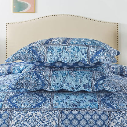 HoneiLife Rustic Quilt Sets Queen - 3 Pieces Microfiber Quilt Sets Lightweight Bedspreads Floral Coverlets Retro Bed Cover All Season Quilts-Blue