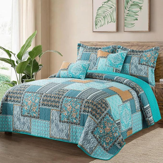 BEDIFANY Cotton California King Size Quilt for Farmhouse- Teal Oversized King Bedspread Set - Highly-Woven Soft Lightweight Coverlet for All Seasons, 3 Pieces