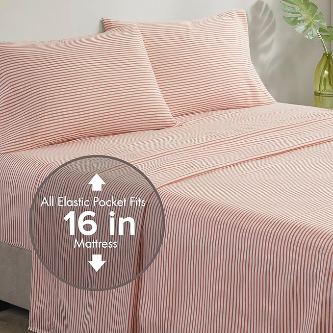 Madison Park Essentials Jaxon Full Comforter Set, Bed in A Bag Comforter & Sheet Set, Modern Casual Stripes Print, All Seasons, Soft Bedding Makeover, Matching Sham, Full Coral/Grey 7 Piece
