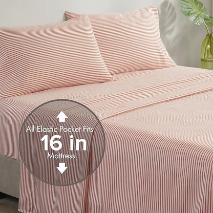 Madison Park Essentials Jaxon Twin Comforter Set, Bed in A Bag Comforter & Sheet Set, Modern Casual Stripes Print, All Seasons, Soft Bedding Makeover, Matching Sham, Twin Coral/Grey 5 Piece