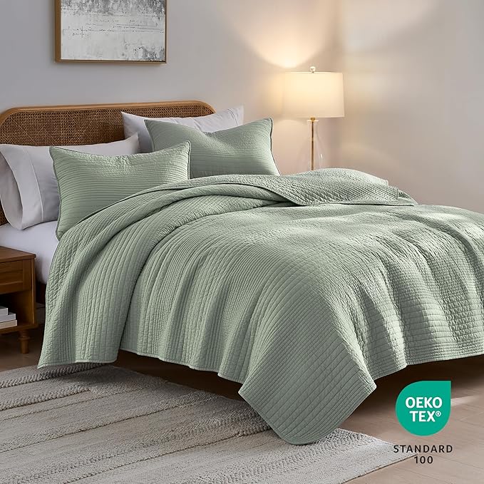 palassio Striped Sage Green 100% Cotton Quilt King Size Bedding Sets, Lightweight Crinkly Channel Pick Stitch Textured Bedspread Soft Shabby Chic Farmhouse Country Coverlet for All Season, 2 Shams