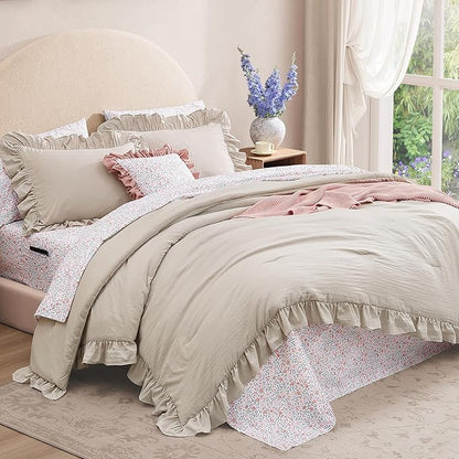 Twin XL Comforter Set - 5 Pieces Ruffle Birch Bedding Sets, Shabby Chic Farmhouse Bed in a Bag Twin XL with Ruffle Comforter, Floral Sheets, Pillowcases & Shams