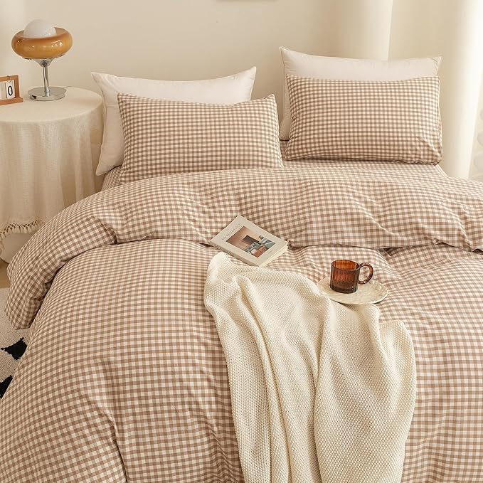 ECOCOTT Gingham Duvet Cover King Size 100% Washed Cotton Like Linen Feel Super Soft & Comfy Bedding Set Modern Checkered Design for All Seasons