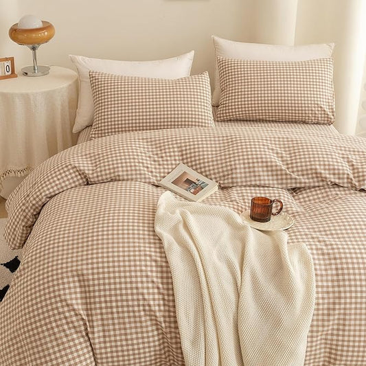 ECOCOTT Gingham Duvet Cover King Size 100% Washed Cotton Like Linen Feel Super Soft & Comfy Bedding Set Modern Checkered Design for All Seasons