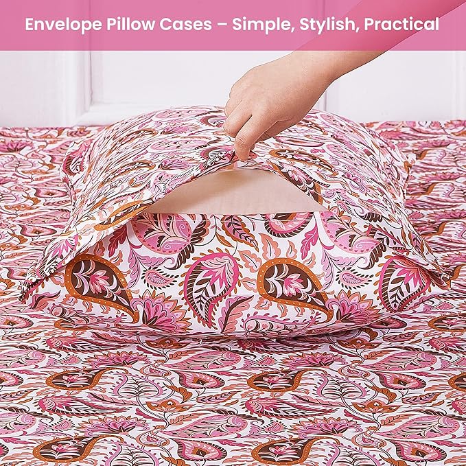 Softan Pink Paisley Floral Twin Sheet Set, 3-Piece Cozy Boho Microfiber Printed Fitted Bed Sheet with 15" Deep Pockets & Non-Slip Straps, Kids Girls Patterned Sheets & Pillowcase Set