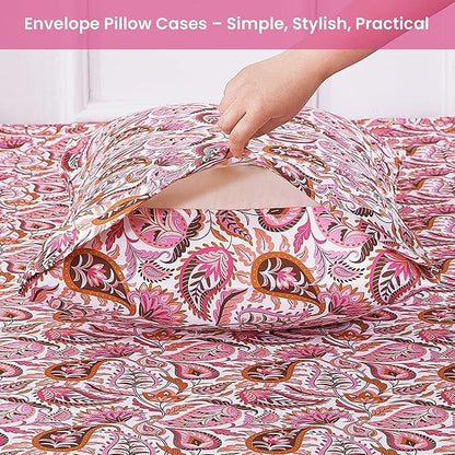 Softan Pink Paisley Floral Queen Sheet Set, Cozy Boho Microfiber Printed Fitted Bed Sheet with 15" Deep Pockets & Corner Non-Slip Straps, Patterned Sheets & Pillowcase Set