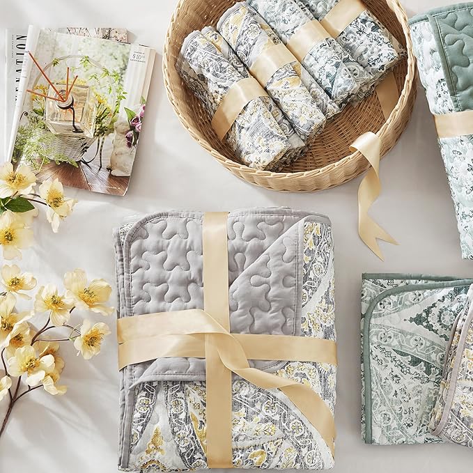 Comfort Spaces Boho Quilt Set Twin Reversible Vermicelli Quilting Twin Size Bed, All Season, Lightweight, Coverlet Winter Layer Bedding, Shams, Gloria, Twin/Twin XL Grey/Yellow 2 Piece