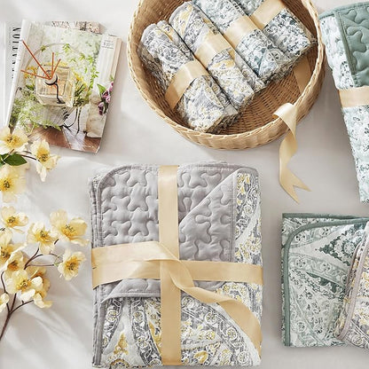 Comfort Spaces Boho Quilt Set Twin Reversible Vermicelli Quilting Twin Size Bed, All Season, Lightweight, Coverlet Winter Layer Bedding, Shams, Gloria, Twin/Twin XL Grey/Yellow 2 Piece