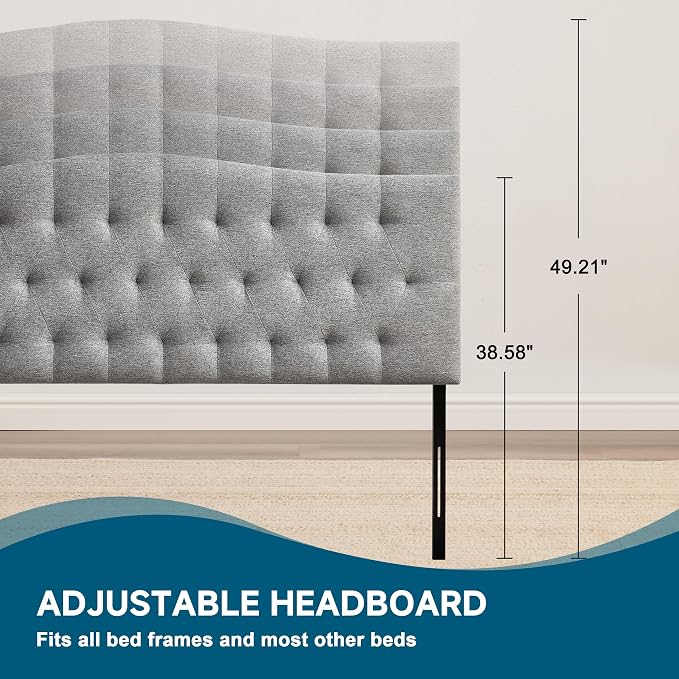 Tufted Upholstered King Size Headboard Only, Adjustable 38-50 in, Gray | King Headboard for King Size Bed, Durable Linen Fabric Headboards, Modern Diamon Design Wood Head Board