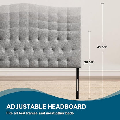 Tufted Upholstered King Size Headboard Only, Adjustable 38-50 in, Gray | King Headboard for King Size Bed, Durable Linen Fabric Headboards, Modern Diamon Design Wood Head Board
