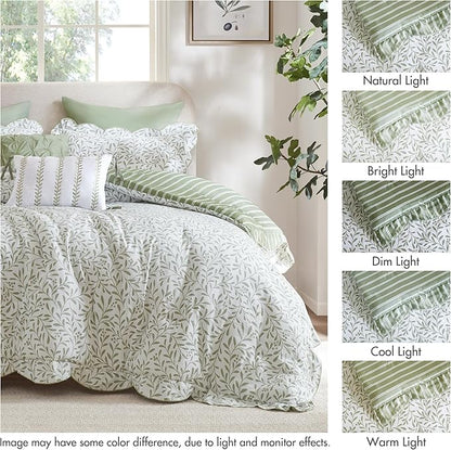 Madison Park 5-Piece Reversible Botanical Comforter Set - Summer Floral Print with Scalloped Edges, Lightweight Bedding with Decorative Pillows, Queen, Market Green | Reversible, Lightweight