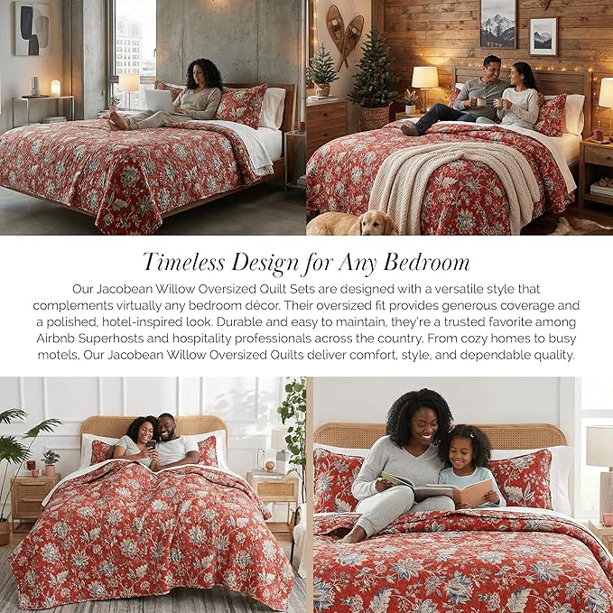 Southshore Fine Living, Inc. Oversized Quilt Bedding Set, 2-Piece Twin XL Coverlet with Matching Sham, Jacobean Willow Floral Coverlet, All Season Quilt Bedspread, Lightweight Twin Quilts, Red