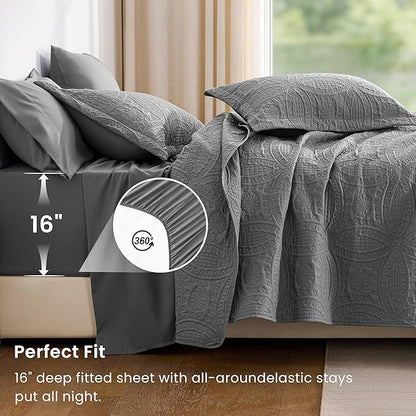 Love's cabin King Quilt Set Grey, Bed in a Bag King Size Bedding 7 Pieces, Ultrasonic Embossed Coin Pattern Comforter, Lightweight Bedspreads for All Seasons Quilt with Sheets, Pillowcases & Shams