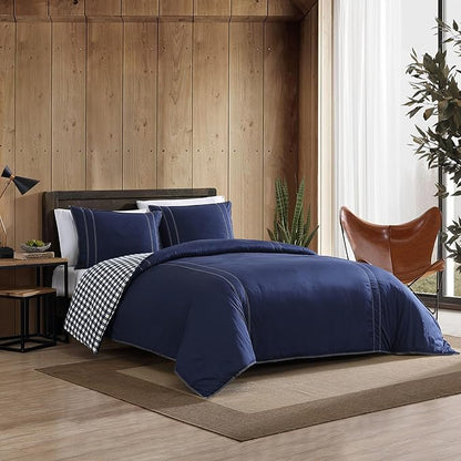 Eddie Bauer - Twin Comforter Set, Reversible Cotton Bedding with Matching Sham, Pre-Washed for Added Softness (Kingston Navy, Twin)