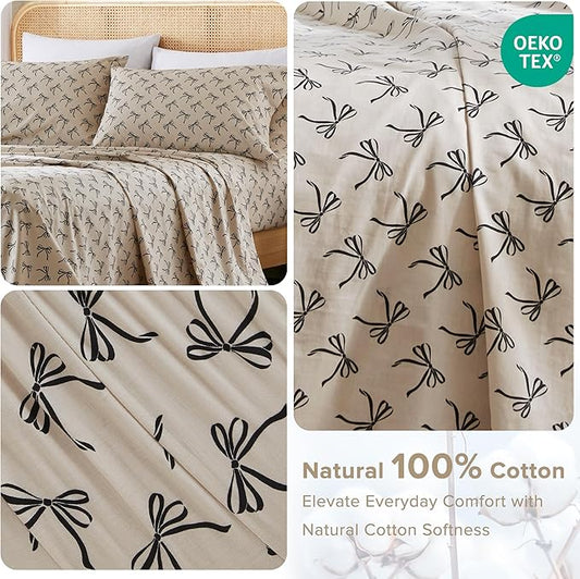 Comfort Spaces 100% Cotton Sheets King, Breathable, Naturally Cool Cotton Sheets, Soft Cotton Bed Sheets with 14" Elastic Pocket Fits up to 16" Mattress, All Seasons Sheet Set, Bow Black/Taupe 4 Piece