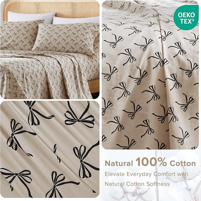 Comfort Spaces 100% Cotton Sheets Cal King, Breathable, Naturally Cool Cotton Sheets, Cotton Bed Sheets with 14" Elastic Pocket Fits up to 16" Mattress, All Seasons Sheet Set, Bow Black/Taupe 4 Piece