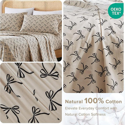 Comfort Spaces 100% Cotton Sheets Cal King, Breathable, Naturally Cool Cotton Sheets, Cotton Bed Sheets with 14" Elastic Pocket Fits up to 16" Mattress, All Seasons Sheet Set, Bow Black/Taupe 4 Piece