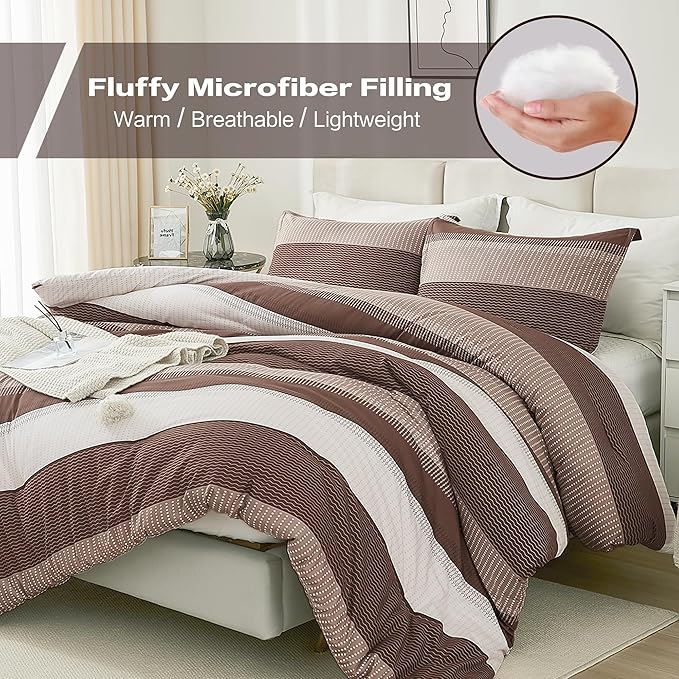 Litanika Brown Comforter Set Twin/Twin XL - 2 Pieces Lightweight Brown White Colorblock Stripe Fluffy Bedding Comforter Sets, All Season Bed Set
