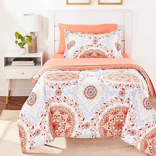 Amazon Basics Twin/Twin XL Lightweight Microfiber Comforter Bedding Set with Printed Sheets, 5-Piece Bed-in-a-Bag, Coral Medallion