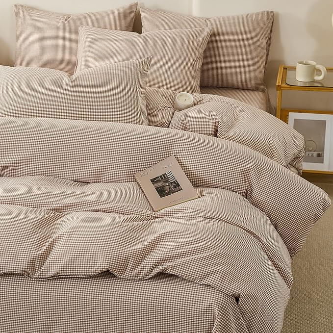 EAVD Tan Plaid Gingham Duvet Cover King Soft 100% Washed Cotton Reversible Tan and White Plaid Duvet Cover with 2 Pillowcases Farmhouse Ginggham Bedding Set with Zipper Closure