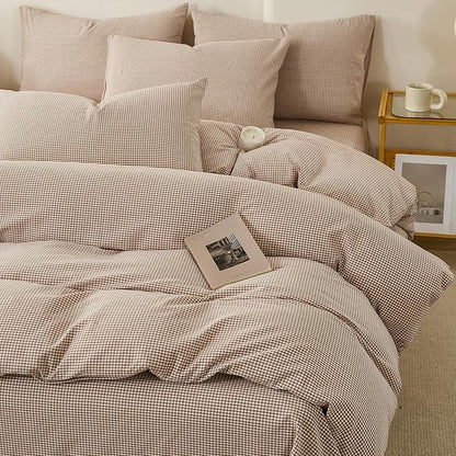 EAVD Tan Plaid Gingham Duvet Cover King Soft 100% Washed Cotton Reversible Tan and White Plaid Duvet Cover with 2 Pillowcases Farmhouse Ginggham Bedding Set with Zipper Closure