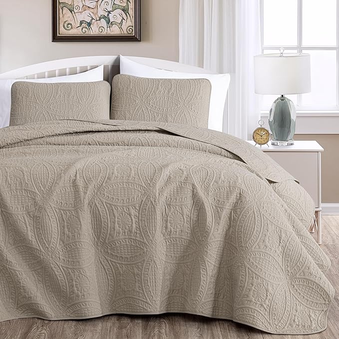 Chezmoi Collection Austin 3-piece Oversized Bedspread Coverlet Set (King, Khaki) | Oversized, Lightweight, Fade Resistant