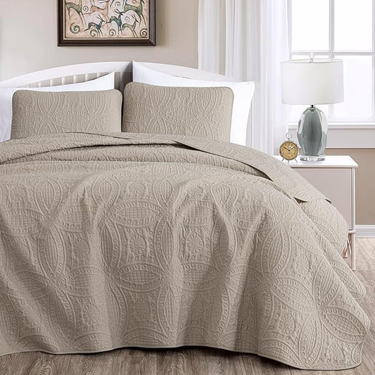 Chezmoi Collection Austin 3-piece Oversized Bedspread Coverlet Set (King, Khaki) | Oversized, Lightweight, Fade Resistant