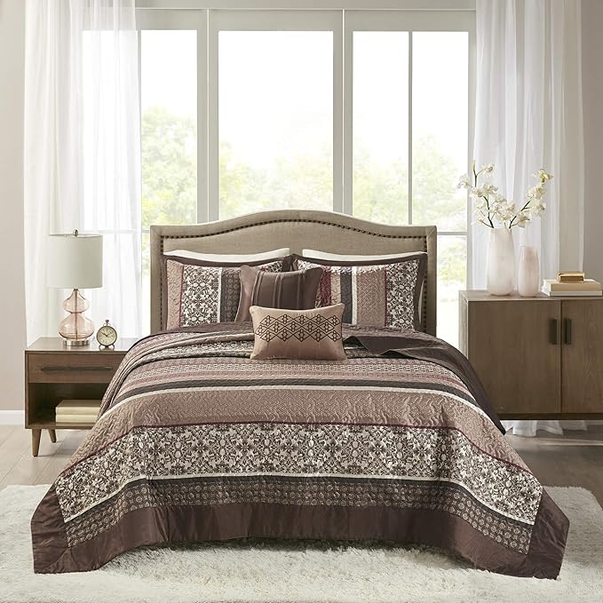Madison Park Princeton Reversible Quilted Bedspread Set, Solid Reverse Summer Breathable, Lightweight All Season Bedding Layer, Matching Shams, Bedspread King(120"x118"), Red 5 Piece