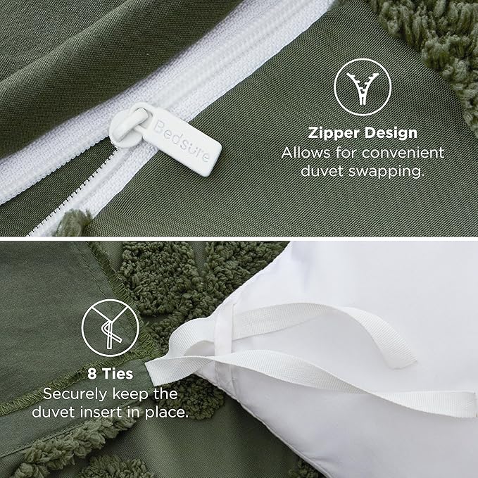 Bedsure Boho Duvet Cover King Size, Soft & Comfortable Elegant Design Boho Bedding for Decoration, Machine Washable Comforter Cover for All Seasons,Includes 1 Duvet Cover & 2 Pillow Shams,Olive Green