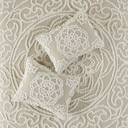 Madison Park Laetitia Lightweight 100% Cotton Quilt Set, Breathable Chenille Tufted, Shabby Chic Boho Medallion Design, Sham, Floral Ivory w/ Tassels, King/California King (104 in x 92 in) 3 Piece
