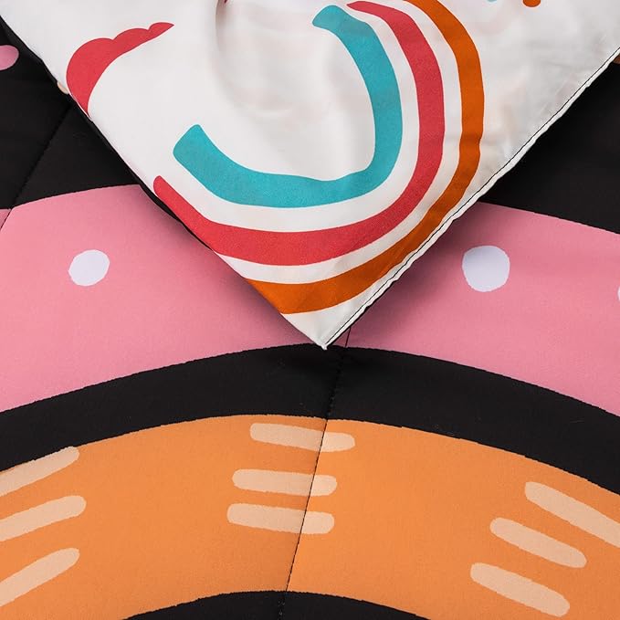 Btargot Lightweight Soft 3 Piece Rainbow Comforter Set with 2 Pillow Covers, Cartoon Love Hearts Flowers and Sun Moon Star Bedding Set for Girls Boys Kids, Twin Black
