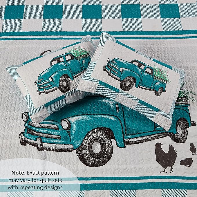 Virah Bella 3 Piece Full/Queen Cabin Quilt Bedding Set - Flower Truck - Rustic Country Reversible Patchwork Comforter Set with Decorative Pillow Shams