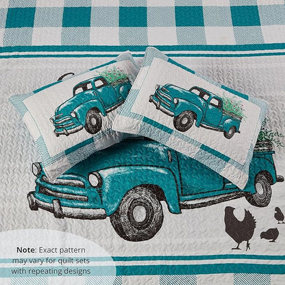 Virah Bella 3 Piece Full/Queen Cabin Quilt Bedding Set - Flower Truck - Rustic Country Reversible Patchwork Comforter Set with Decorative Pillow Shams