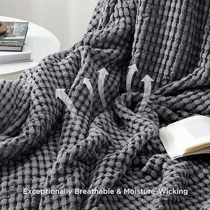 Bedsure Cooling Cotton Waffle Queen Size Blanket - Lightweight Breathable Blanket of Rayon Derived from Bamboo for Hot Sleepers, Luxury Throws for Bed, Couch and Sofa, Dark Grey, 90x90 Inches
