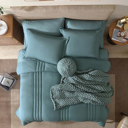Monbix Full Comforter Set - 7 Pieces Blue Green Bed in a Bag Full Size Bedding Sets with Comforters, All Seasons Comforter with Sheets, Pillowcases & Shams