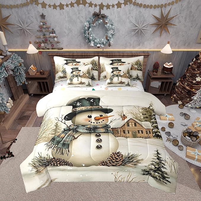 Winter Farmhouse Style Comforter Set Bed in a Bag 7 Pieces Queen,Cartoon 3D Snowman Rustic Pinecone Bedding Set,Merry Christmas (Comforter+Fitted+Flat Sheet+2 Pillowcases+2 Throw Pillow Covers)