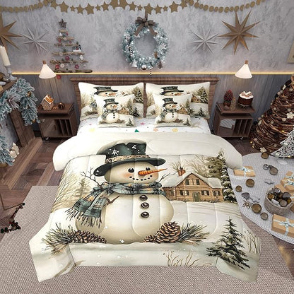 Winter Farmhouse Style Comforter Set Bed in a Bag 7 Pieces Queen,Cartoon 3D Snowman Rustic Pinecone Bedding Set,Merry Christmas (Comforter+Fitted+Flat Sheet+2 Pillowcases+2 Throw Pillow Covers)