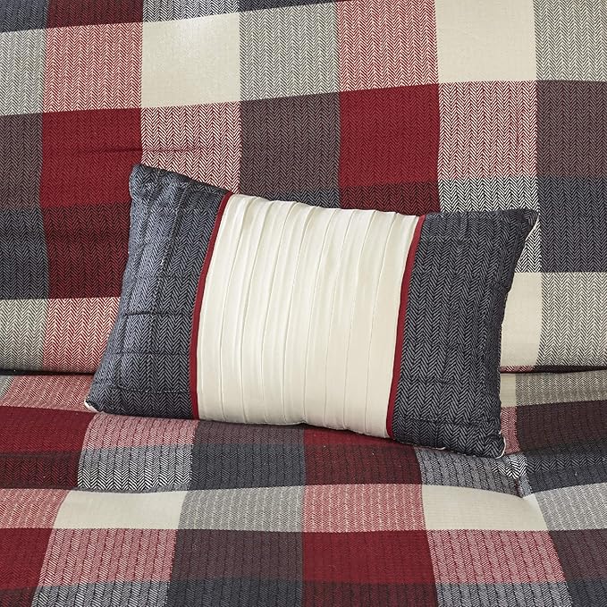 Madison Park Ridge Comforter Set - Cabin Lodge Plaid Herringbone Design, All Season Down Alternative Cozy Bedding with Matching Bedskirt, Shams, Decorative Pillow, Red King(104"x92") 7 Piece