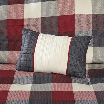 Madison Park Ridge Comforter Set - Cabin Lodge Plaid Herringbone Design, All Season Down Alternative Cozy Bedding with Matching Bedskirt, Shams, Decorative Pillow, Red Queen(90"x90") 7 Piece