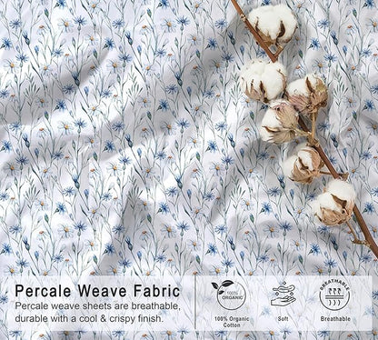RUVANTI 100% Organic Cotton Sheets Twin Size, Percale Weave, GOTS Certified, 3-Piece Set, Deep Pocket 15", Crisp & Breathable, Soft Durable Bedding, Sábanas Algodón Orgánico – Daisy Bud