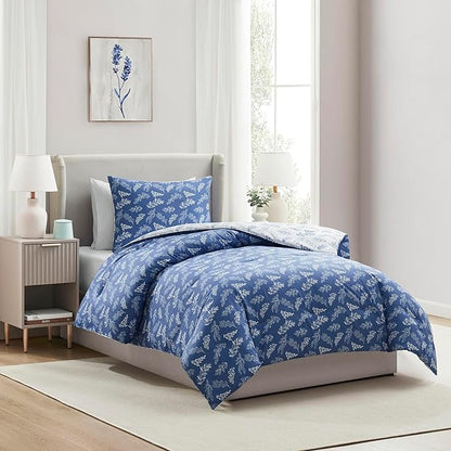 Nestl Twin/Twin XL Comforter Set - Slate Blue Bed in a Bag Twin, 2 Pieces Reversible Bed Set, Soft Floral Bedding Set for College Dorm, All Season Botanical Comforters with Pillow Sham